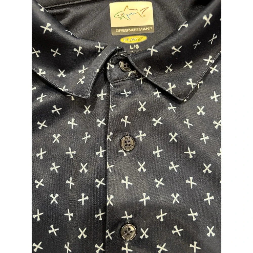 Greg‎ Norman Mens Size L Play Dry Golf Polo With Golf Tee Motif Navy Blue EUC